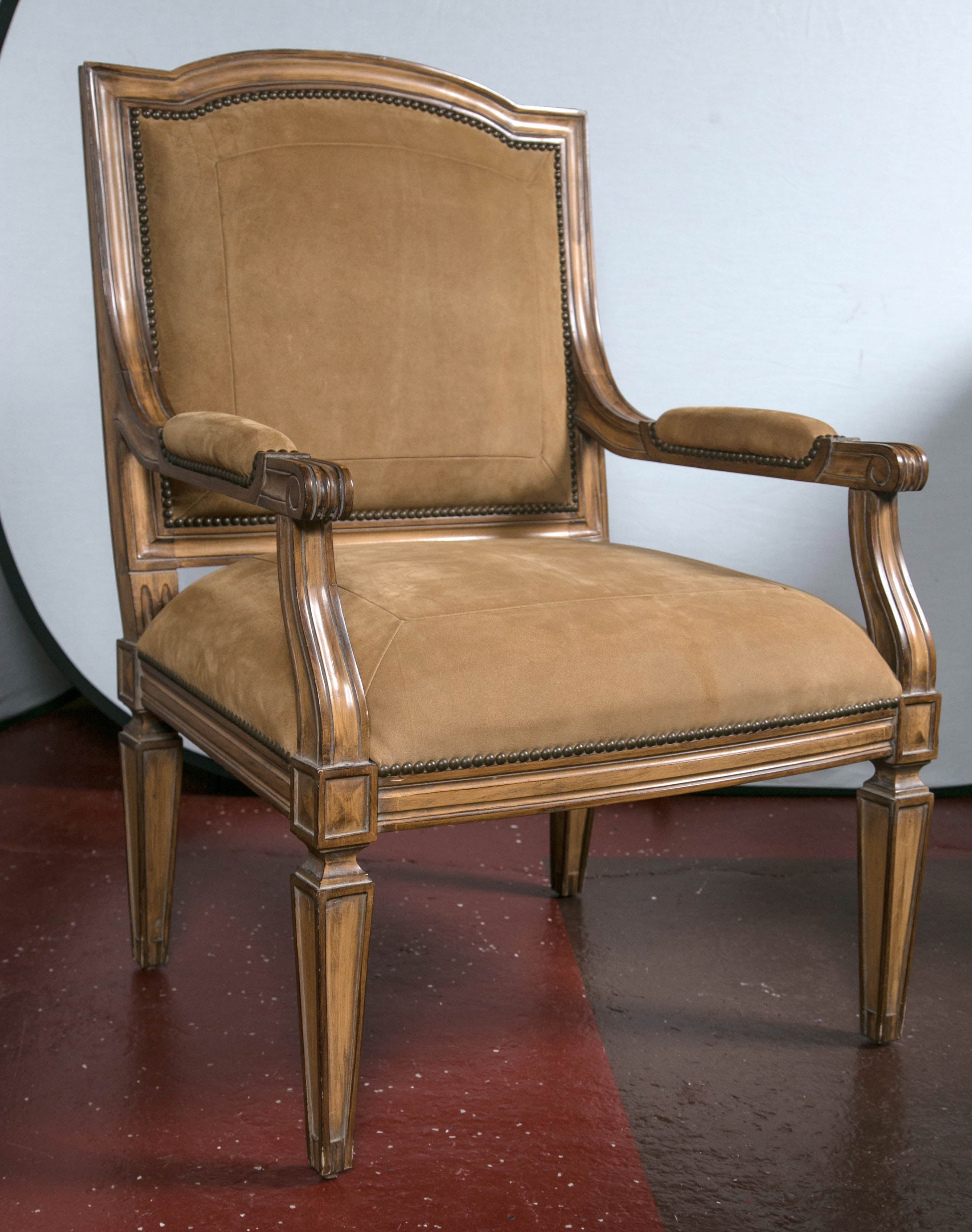Pair of Kreiss Custom Quality Louis XVI Style Armchairs with Suede Upholstery