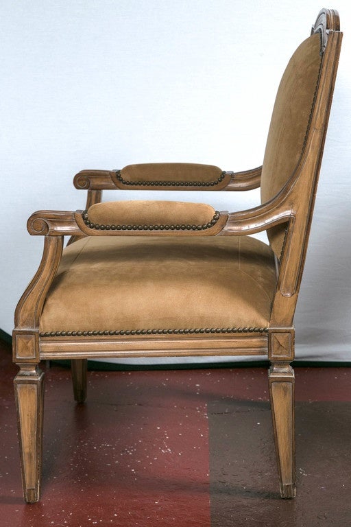 Hollywood Regency Pair of Kreiss Custom Quality Louis XVI Style Armchairs with Suede Upholstery