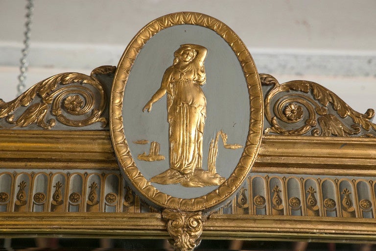 Beaux Arts 19th Century French Parcel-Gilt Painted Swedish Beveled Mirror Carved Figures For Sale