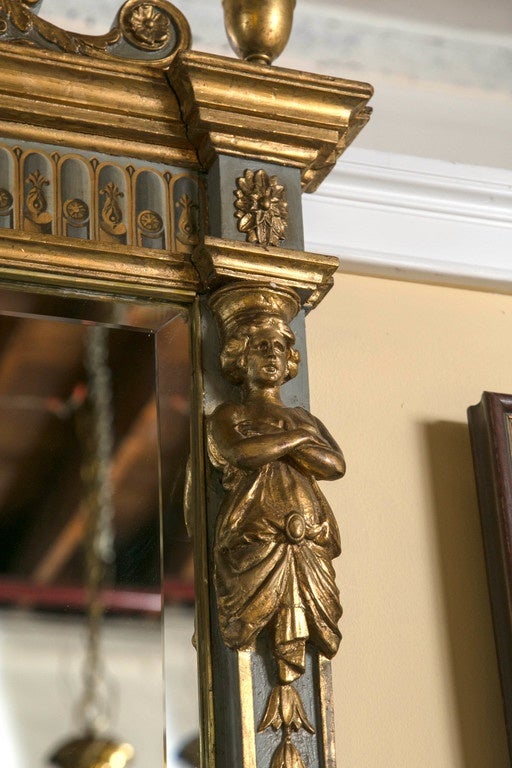 19th Century French Parcel-Gilt Painted Swedish Beveled Mirror Carved Figures In Good Condition For Sale In Stamford, CT