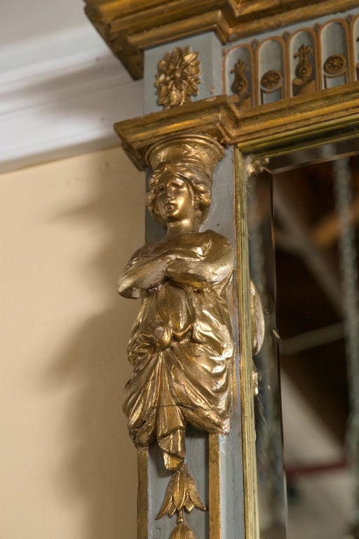 Mid-19th Century 19th Century French Parcel-Gilt Painted Swedish Beveled Mirror Carved Figures For Sale