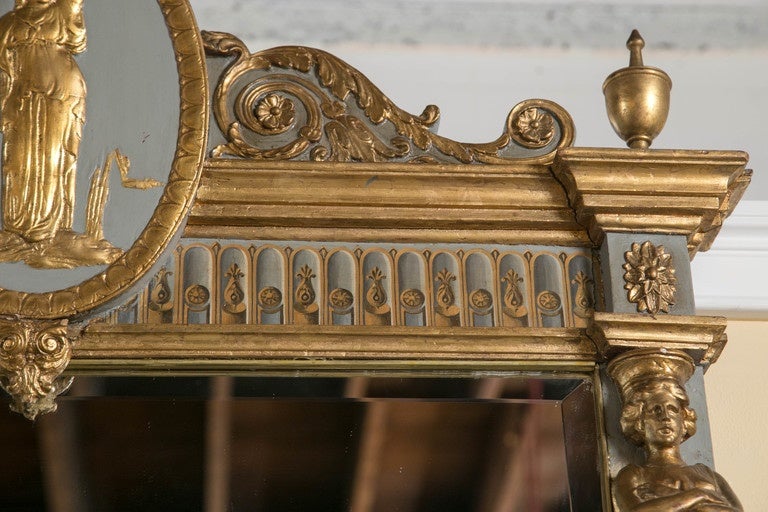 19th Century French Parcel-Gilt Painted Swedish Beveled Mirror Carved Figures For Sale 2