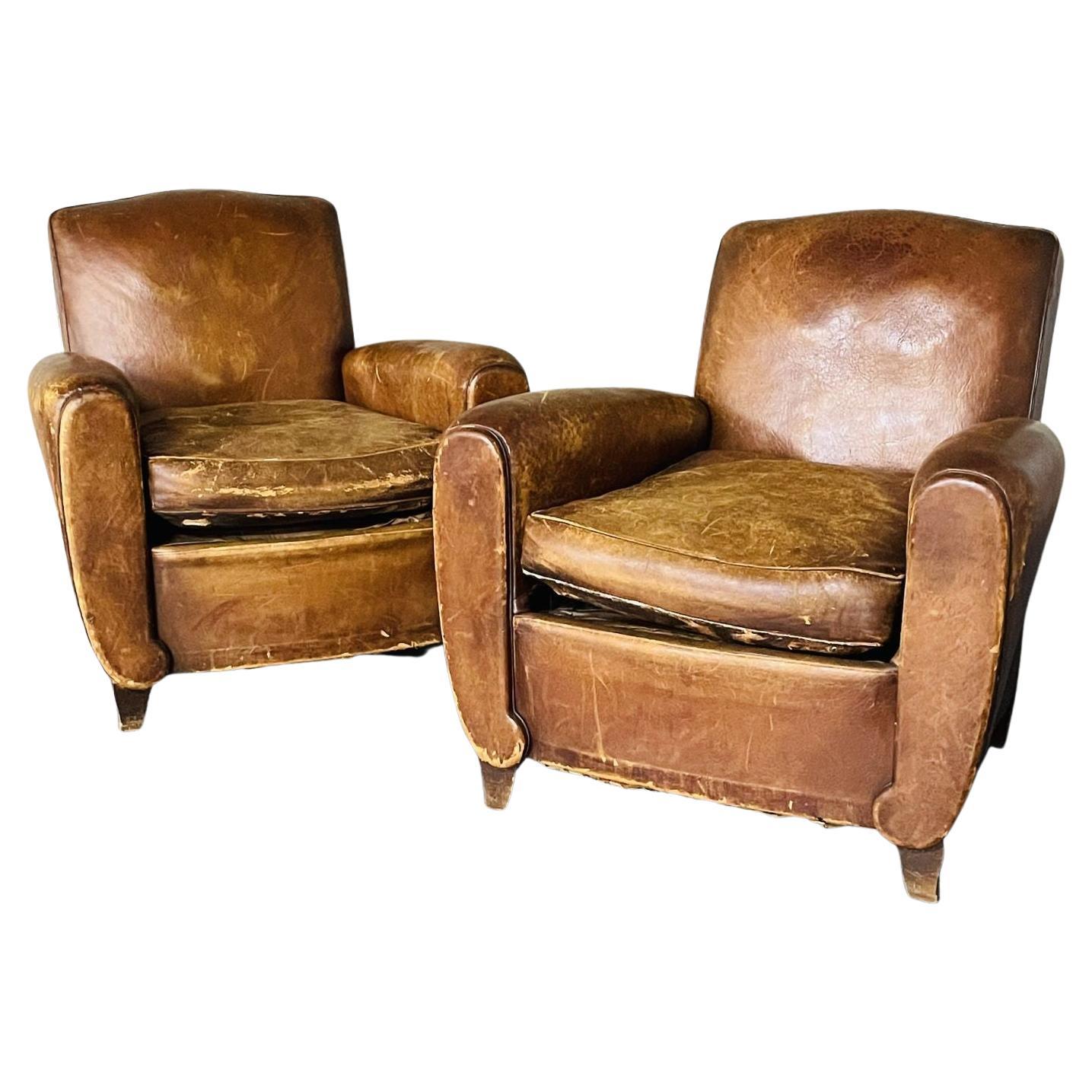 Pair of French Art Deco Distressed Leather Club / Lounge Chairs, Patinated