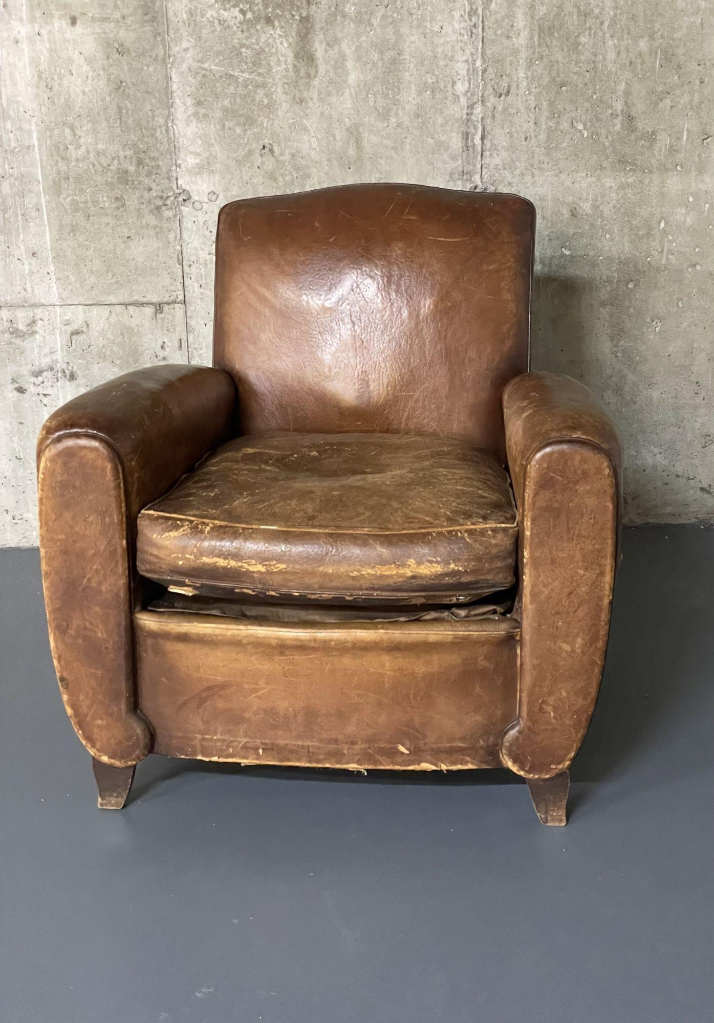 Pair of French Art Deco Distressed Leather Club / Lounge Chairs, Patinated In Fair Condition In Stamford, CT