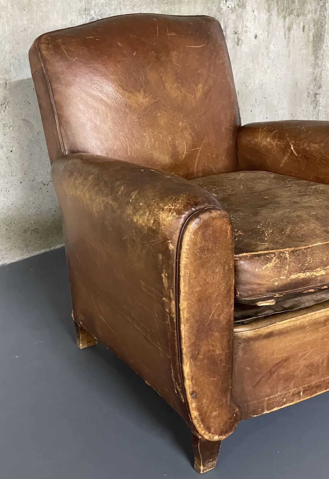 20th Century Pair of French Art Deco Distressed Leather Club / Lounge Chairs, Patinated
