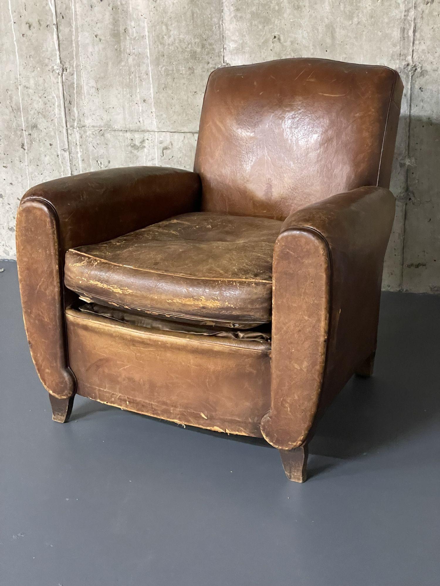 Pair of French Art Deco Distressed Leather Club / Lounge Chairs, Patinated 1