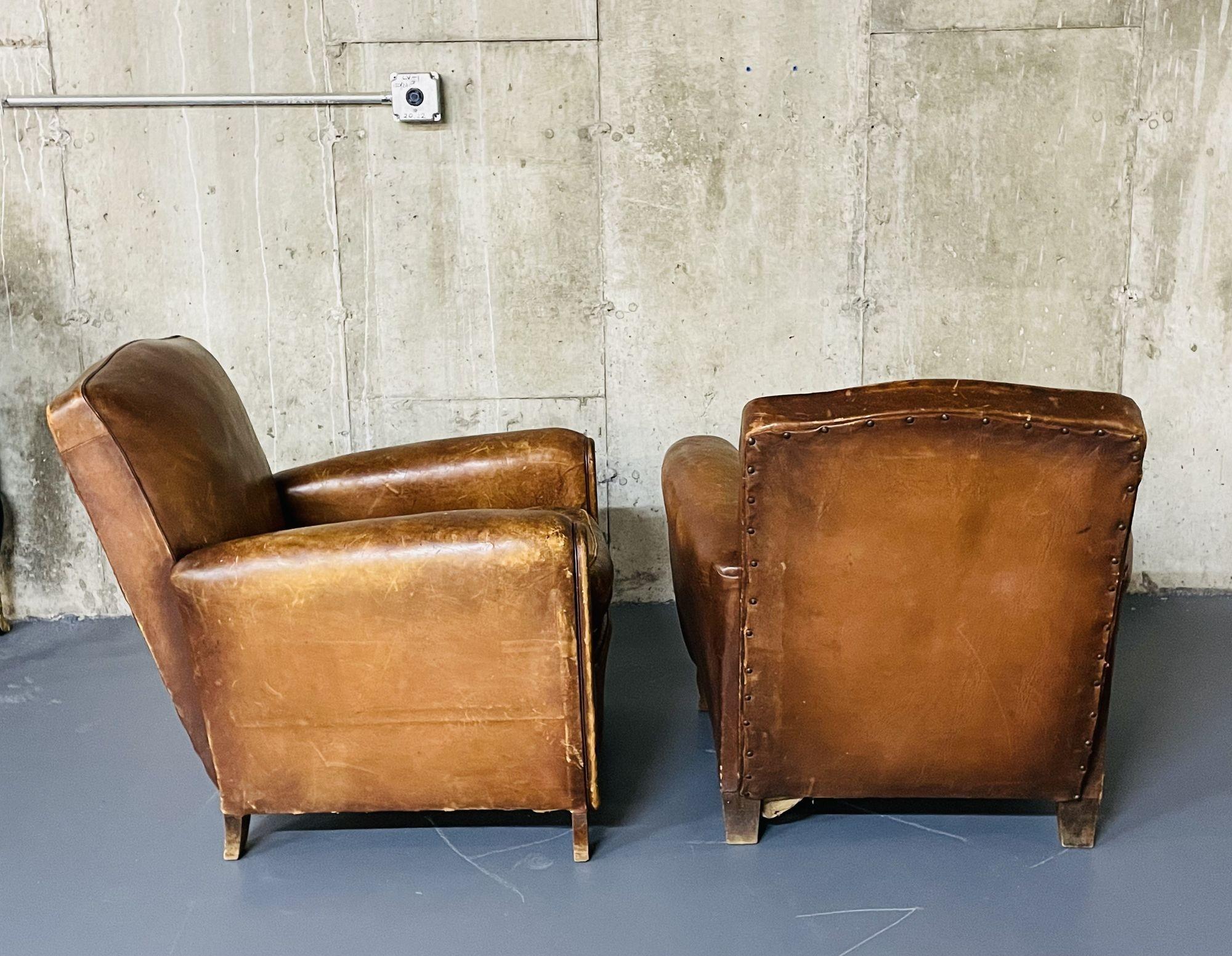 Pair of French Art Deco Distressed Leather Club / Lounge Chairs, Patinated 3