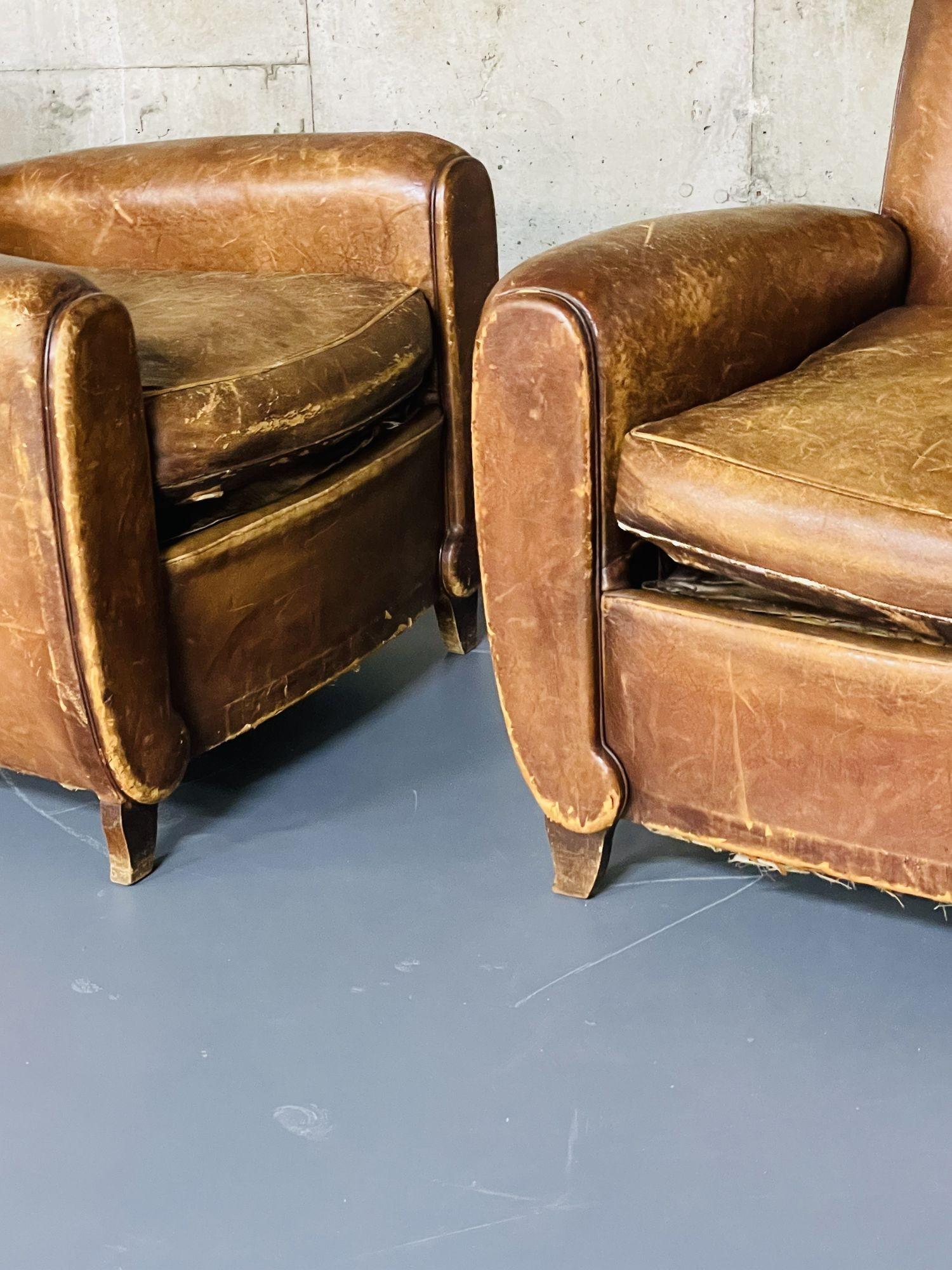 Pair of French Art Deco Distressed Leather Club / Lounge Chairs, Patinated 6