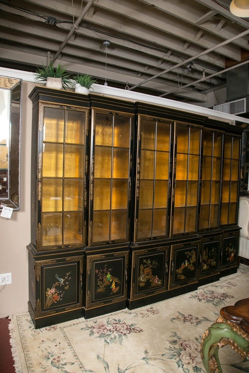 George III Style Chinoiserie Decorated Black Japanned Breakfront Bookcase