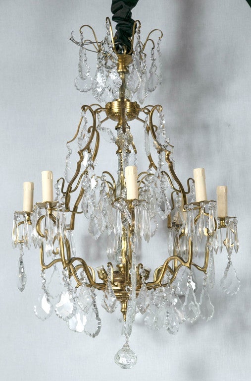 Pair of Bronze and Crystal Column Form Chandeliers