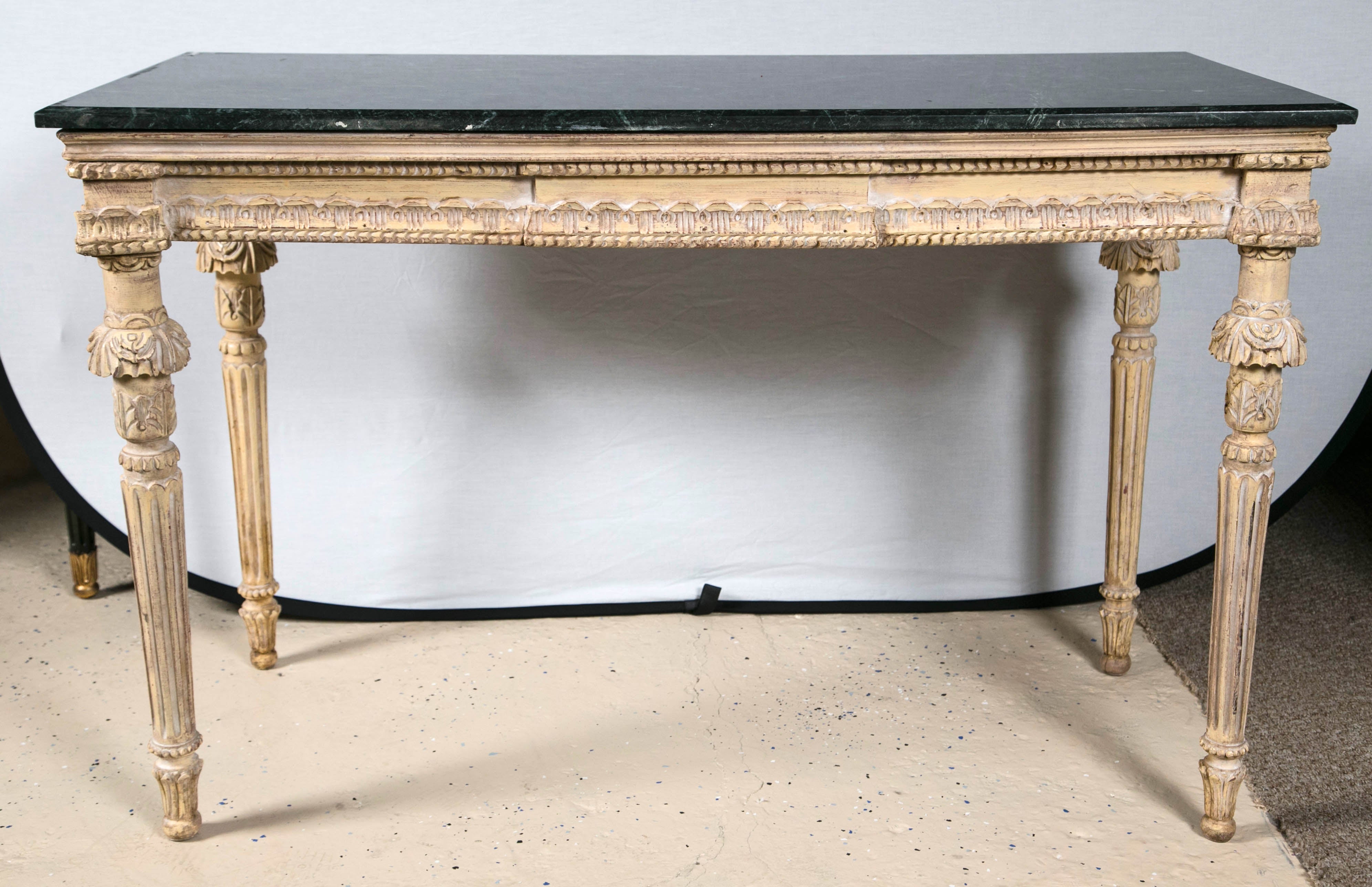 Louis XVI Forest Green Marble-Top Distress Console Table Manner of Jansen 