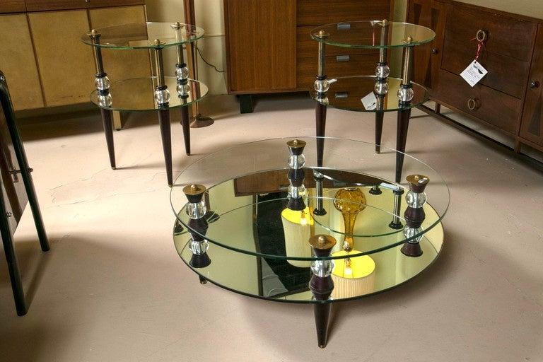 Pair Art Deco Glass & Mirror End Tables Mid-Century Modern 1