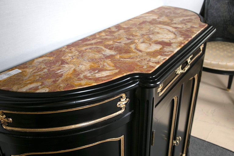 Hollywood Regency Ebonized Marble Louis XV Style Top Demilune Cabinet