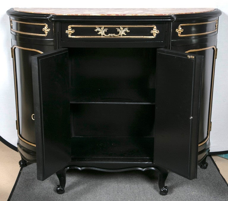 French Ebonized Marble Louis XV Style Top Demilune Cabinet