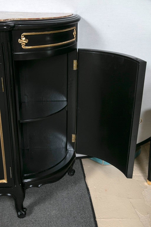 Ebonized Marble Louis XV Style Top Demilune Cabinet In Good Condition In Stamford, CT