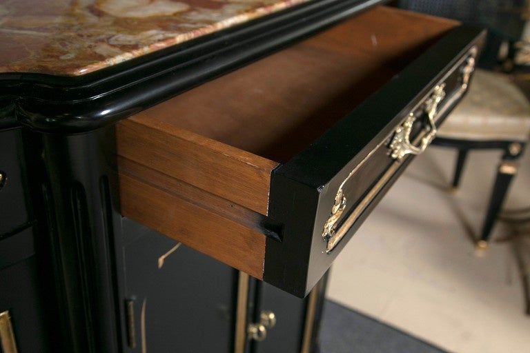 Mid-19th Century Ebonized Marble Louis XV Style Top Demilune Cabinet