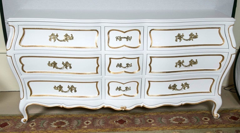 White And Gilt Paint Lacquered Louis XV Style Bombe Nine Drawer Dresser 1