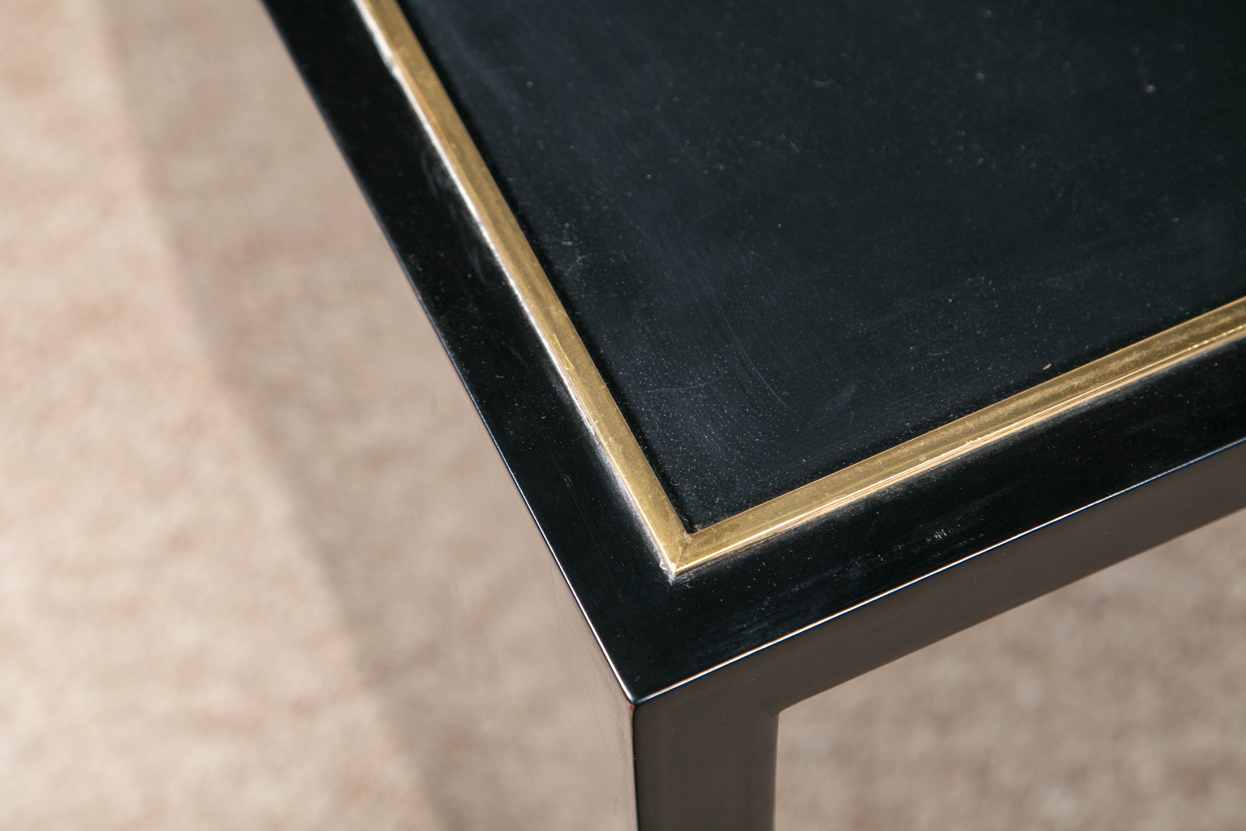 Hollywood Regency E J Victor Set of Lacquered Ebony / Brass Inlaid Wood Leather Top Nesting Tables