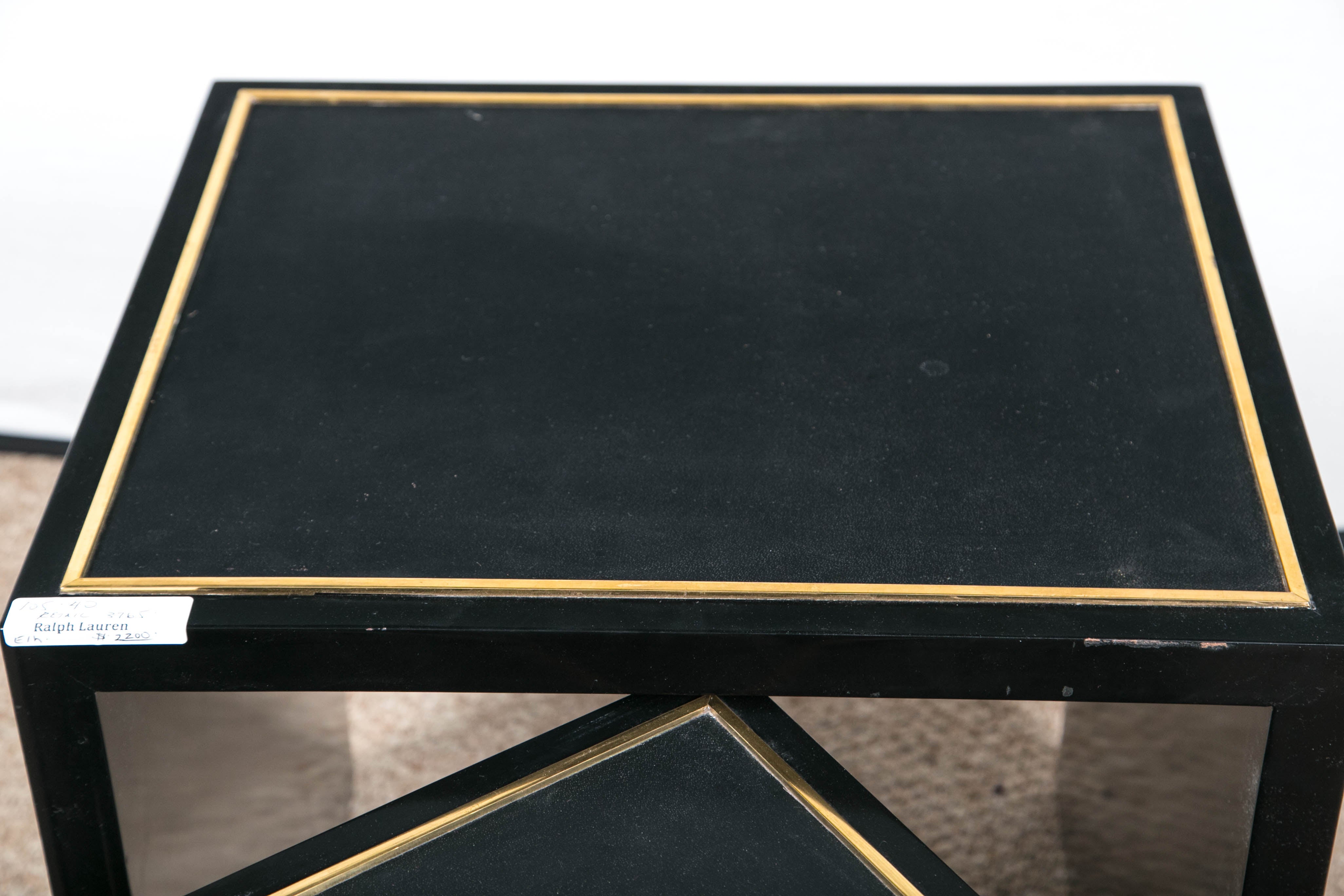 Philippine E J Victor Set of Lacquered Ebony / Brass Inlaid Wood Leather Top Nesting Tables
