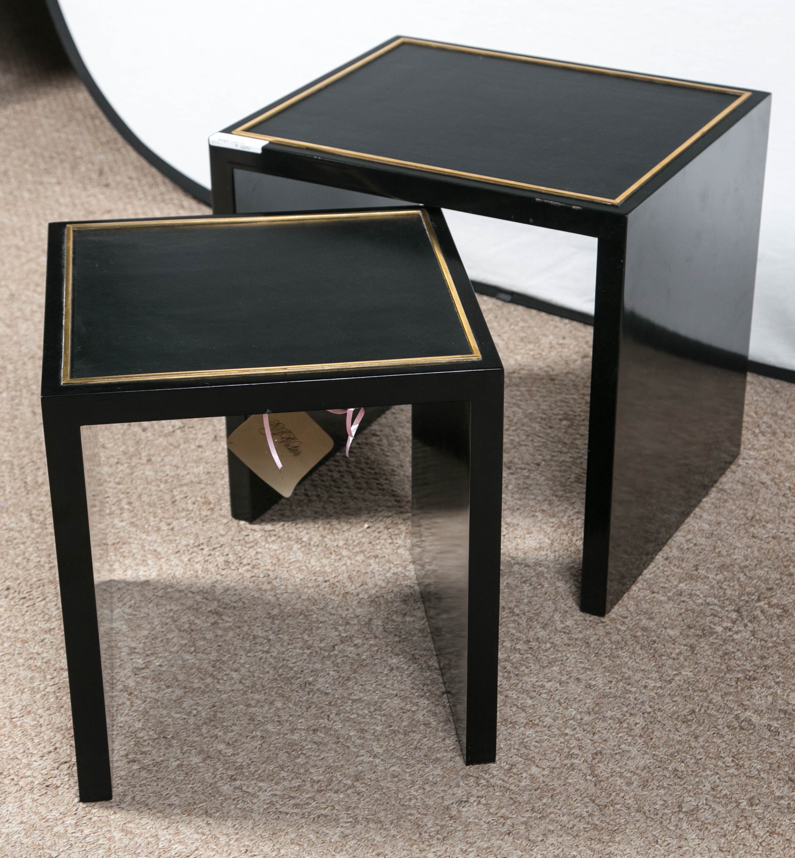 Contemporary E J Victor Set of Lacquered Ebony / Brass Inlaid Wood Leather Top Nesting Tables