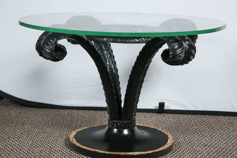 Mid-20th Century Hollywood Regency Style Ebonized Glass Top Palm Leaf Coffee Table Gilt Border For Sale
