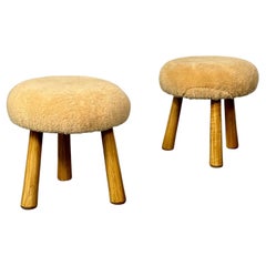 Pair Custom Contemporary Scandinavian Modern Style Sheepskin Stools / Ottomans