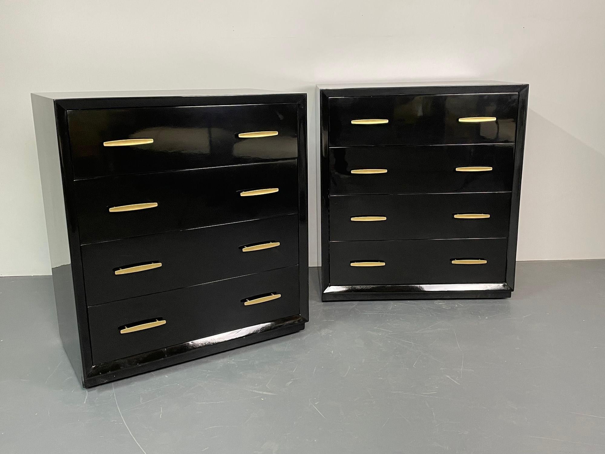 Hollywood Regency Pair of Mid-Century Modern Ebony Lacquered Chests, Dressers, Brass, American For Sale