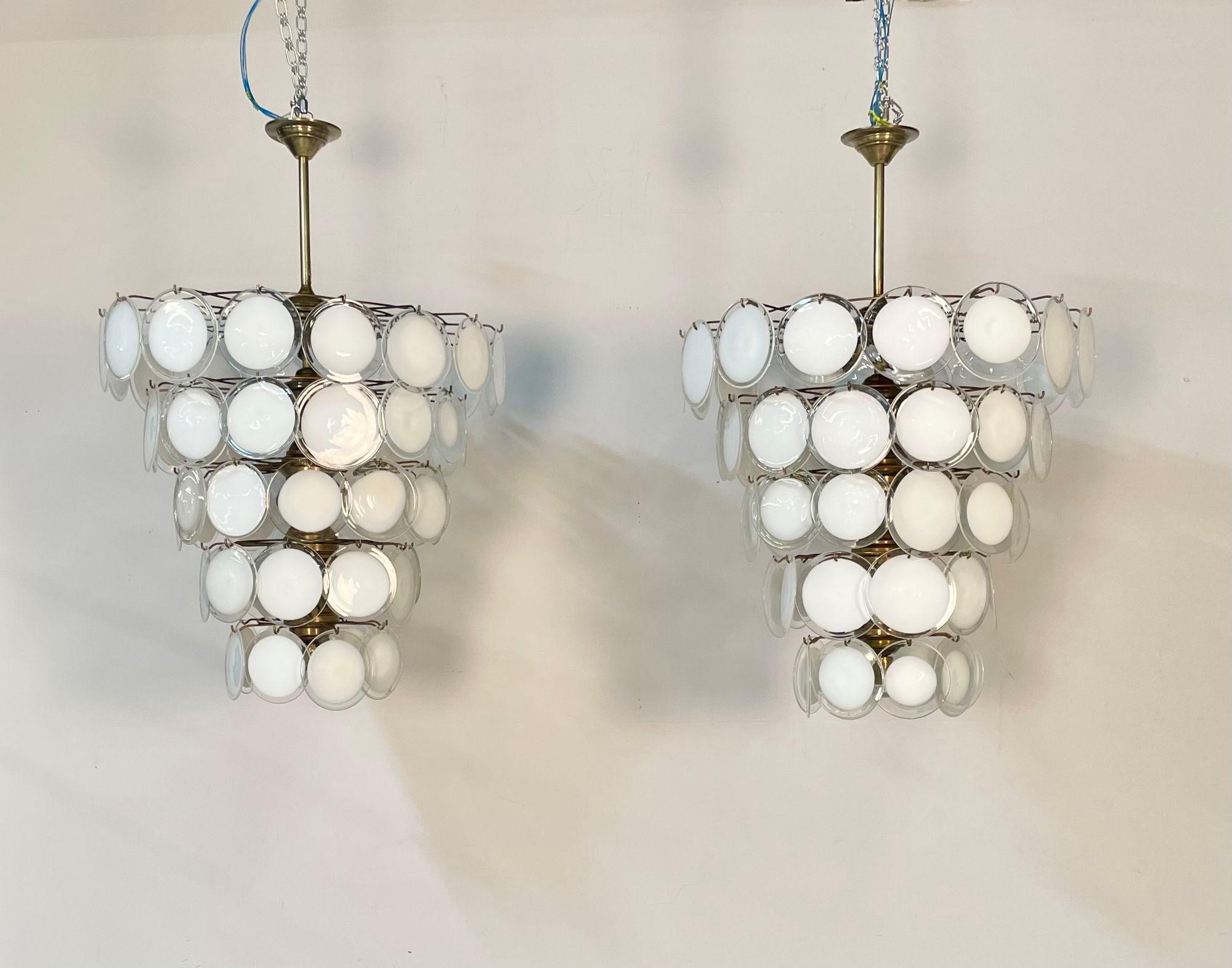 Italian Pair of Murano Disc Mid-Century Modern Chandeliers, Antiqued Brass, New Wired For Sale