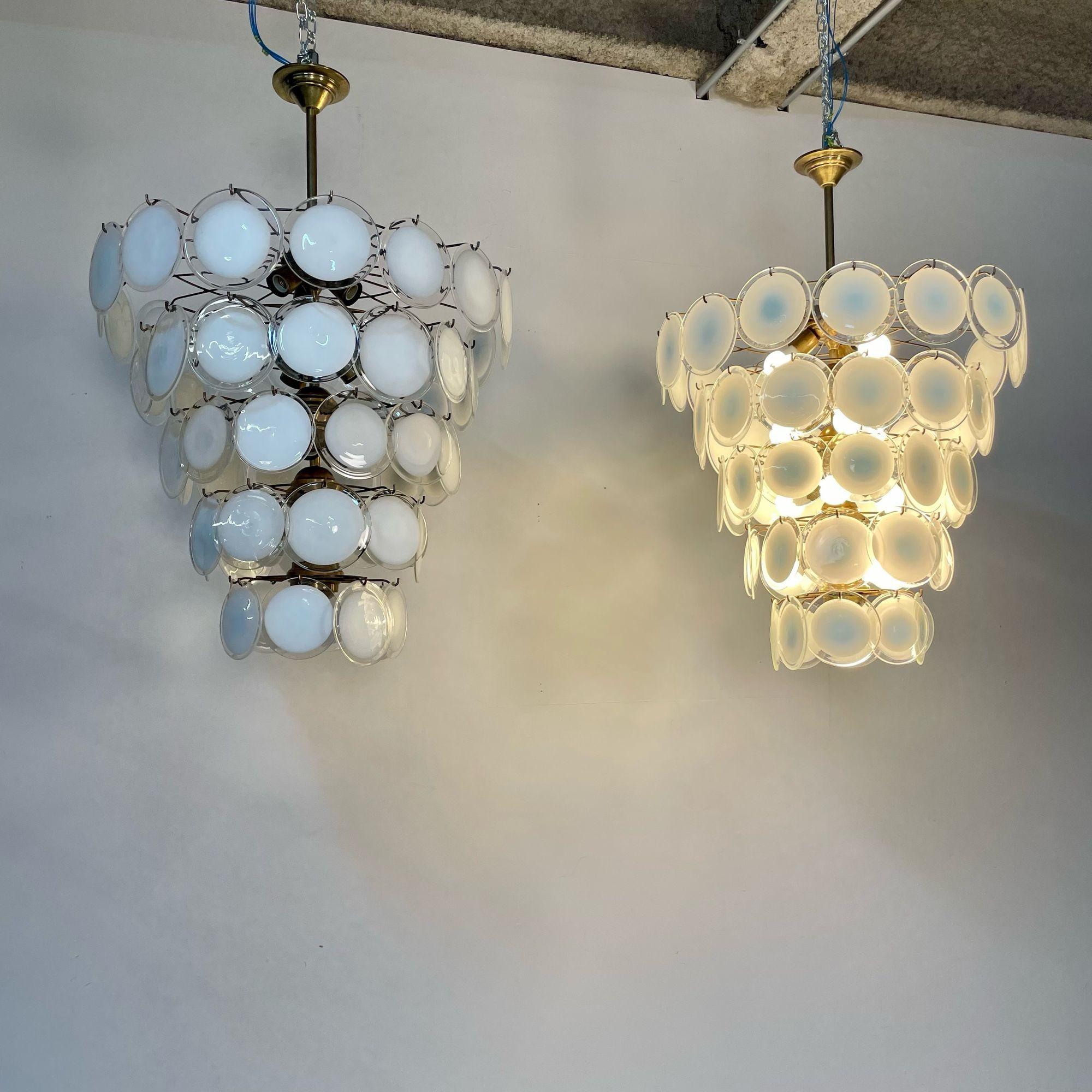 Pair of Murano Disc Mid-Century Modern Chandeliers, Antiqued Brass, New Wired In Good Condition For Sale In Stamford, CT