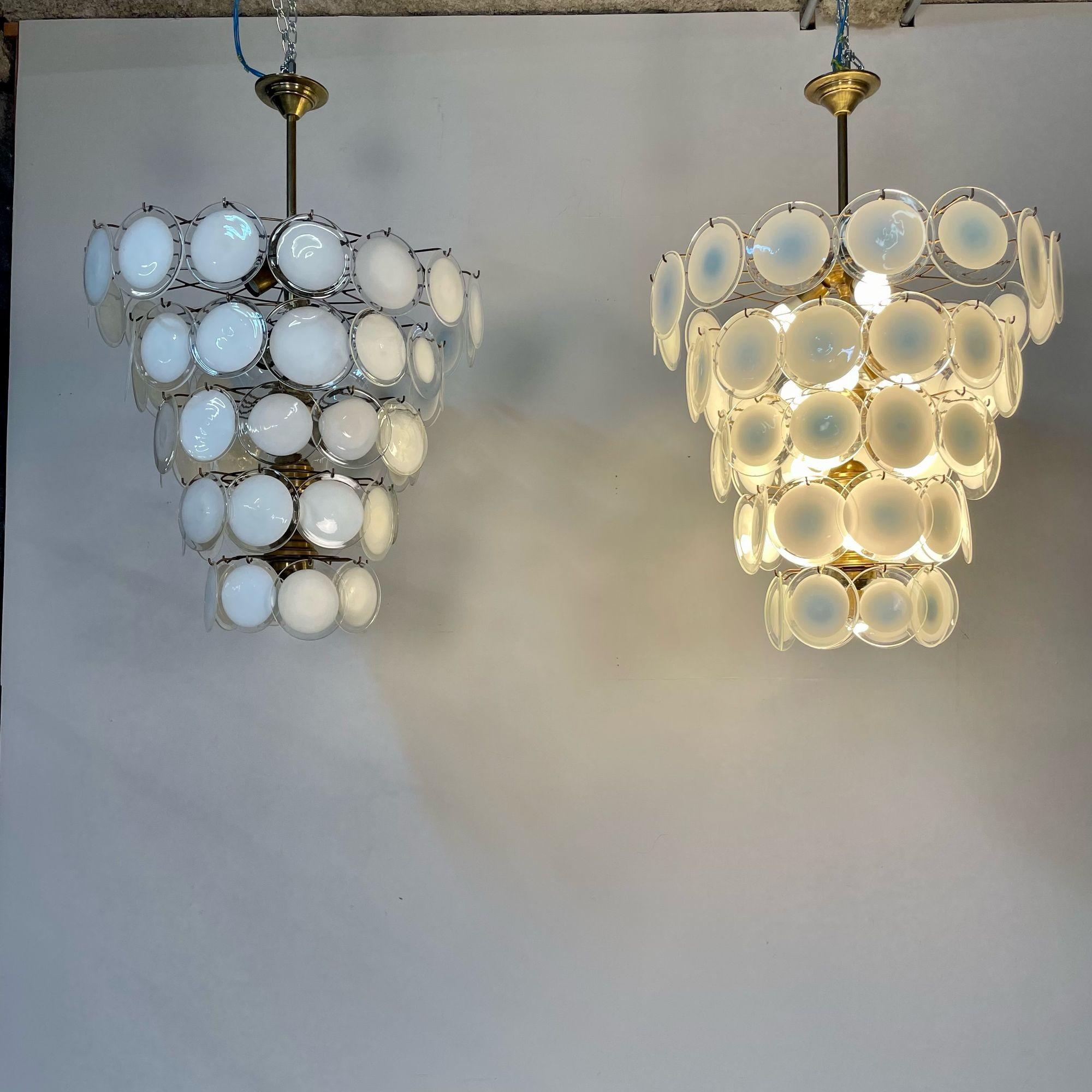 Contemporary Pair of Murano Disc Mid-Century Modern Chandeliers, Antiqued Brass, New Wired For Sale