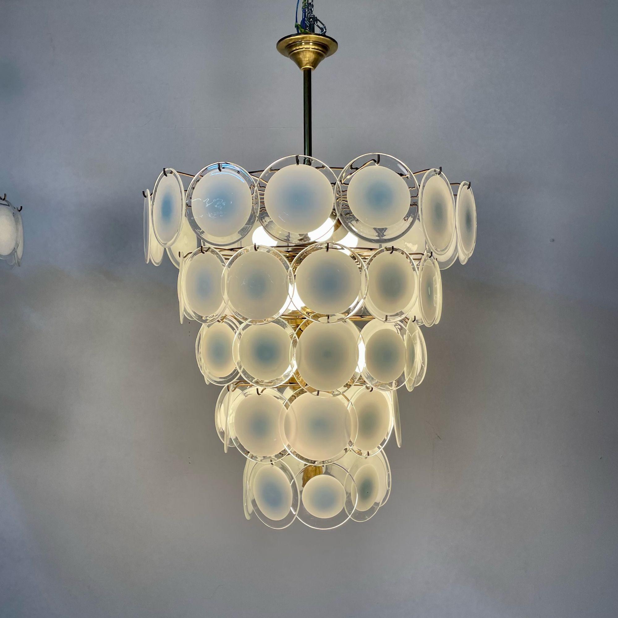 Pair of Murano Disc Mid-Century Modern Chandeliers, Antiqued Brass, New Wired For Sale 4