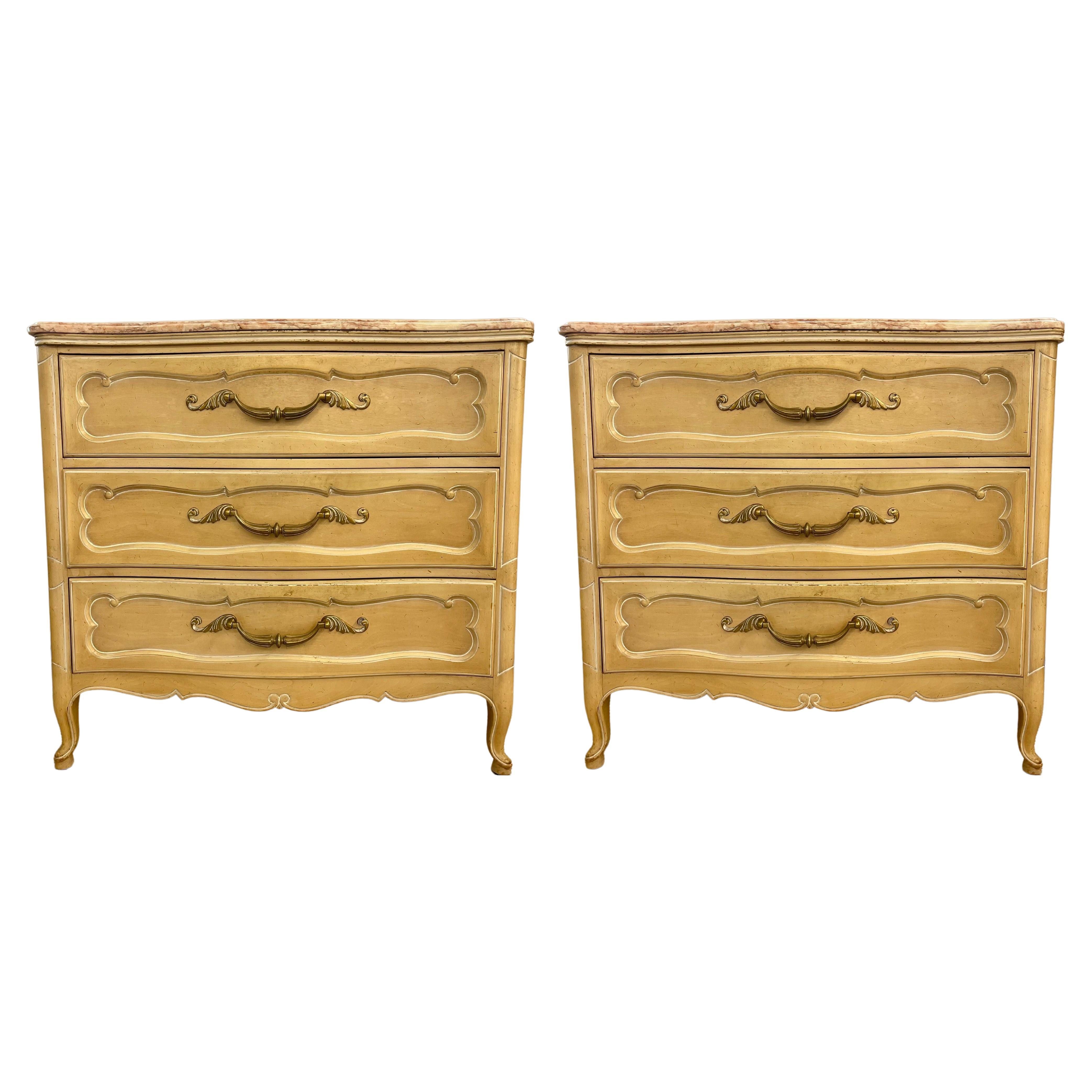 Pair Of Louis XV Style Grosfeld House Marble-Top Distressed Four-Drawer Commodes For Sale