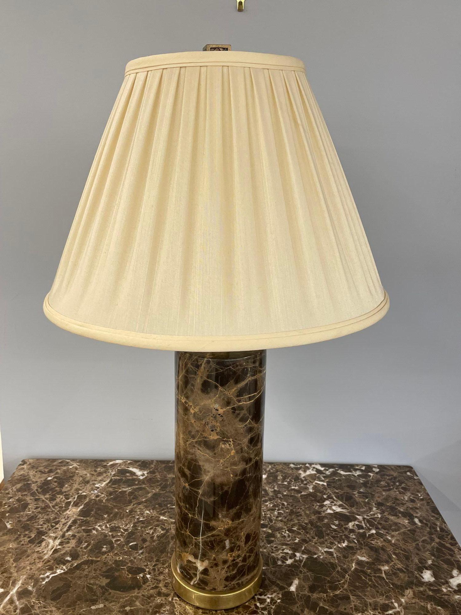 Pair of Modern Solid Marble Cylindrical Table Lamps, Brass Base, Single Bulb For Sale 2