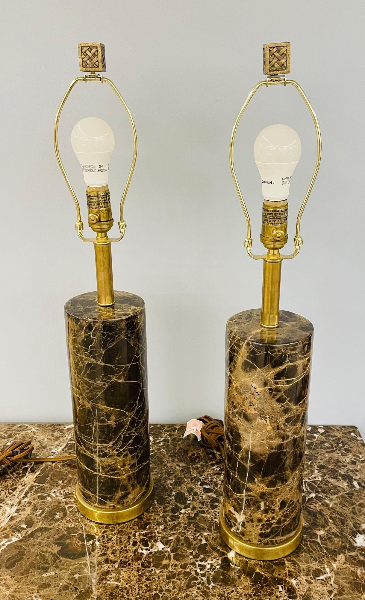 Pair of Modern Solid Marble Cylindrical Table Lamps, Brass Base, Single Bulb

Pair of brass base marble cylindrical form table lamps with finials in the Art Deco fashion. Shades are not included. Six pair available.

29.75