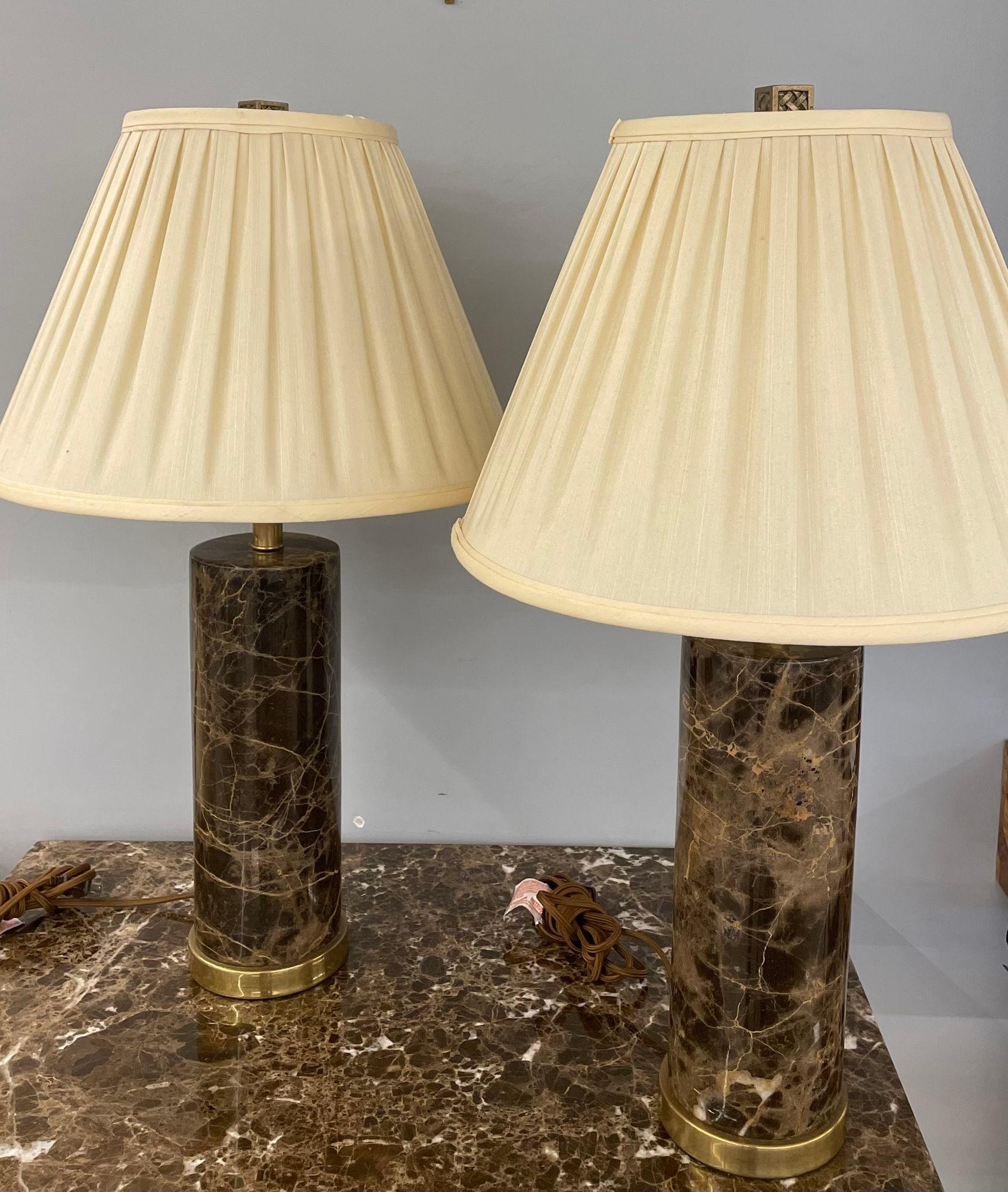 Pair of Modern Solid Marble Cylindrical Table Lamps, Brass Base, Single Bulb In Good Condition For Sale In Stamford, CT