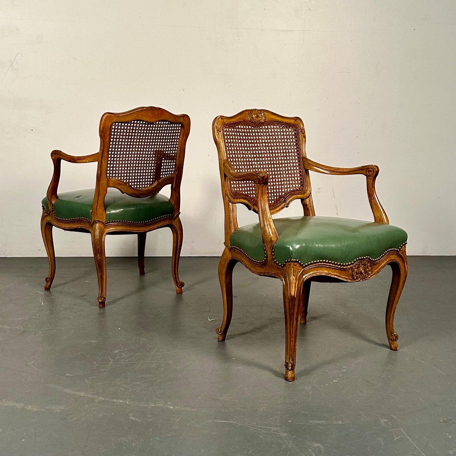 Four French Louis XV Style Fauteuils / Office Chairs, Cane and Leather In Good Condition For Sale In Stamford, CT