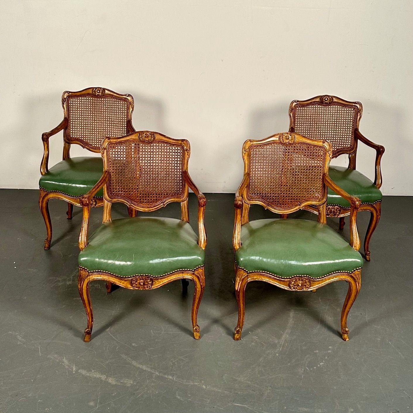 20th Century Four French Louis XV Style Fauteuils / Office Chairs, Cane and Leather For Sale
