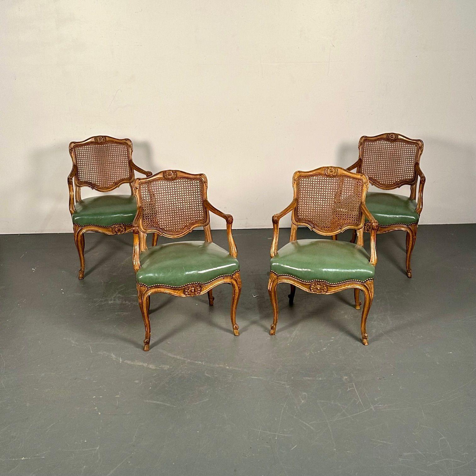 Four French Louis XV Style Fauteuils / Office Chairs, Cane and Leather For Sale 3