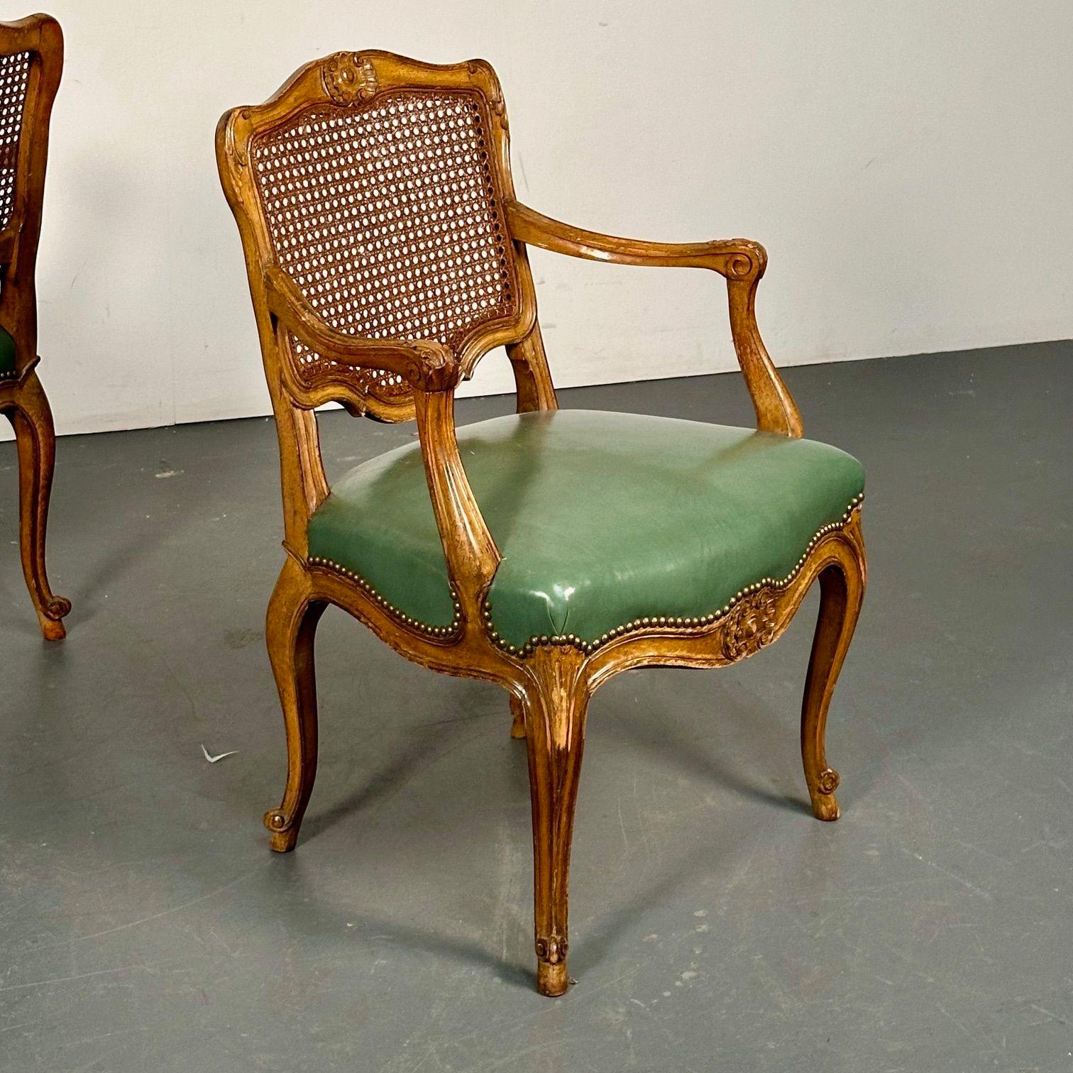 Four French Louis XV Style Fauteuils / Office Chairs, Cane and Leather For Sale 4