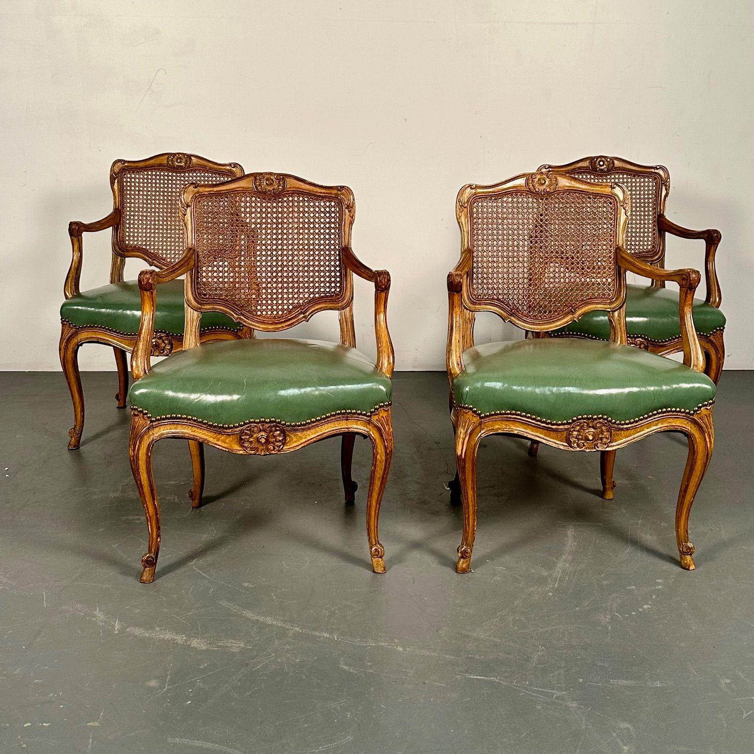 Four French Louis XV Style Fauteuils / Office Chairs, Cane and Leather For Sale 1