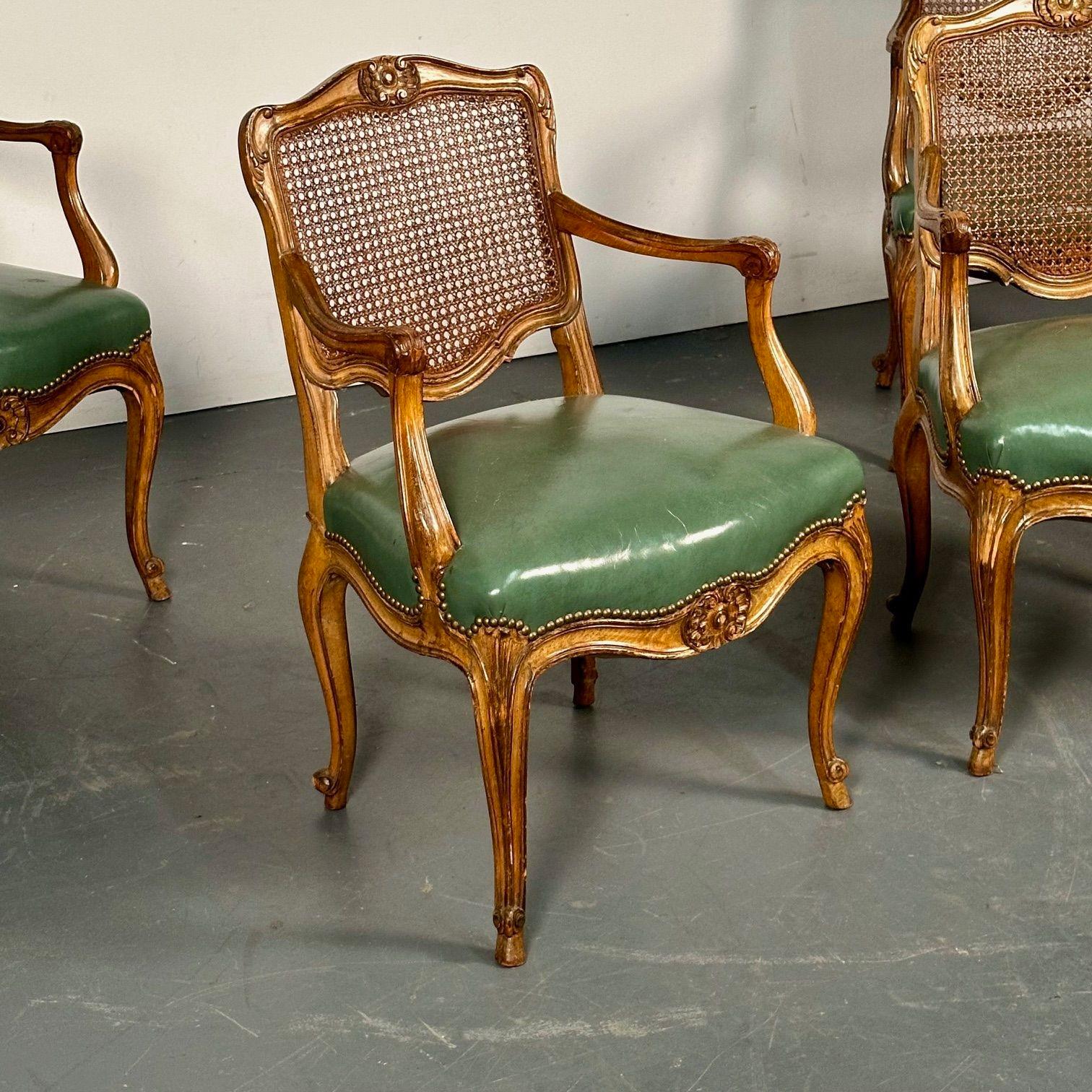 Four French Louis XV Style Fauteuils / Office Chairs, Cane and Leather For Sale 5