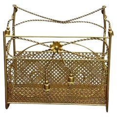 Vintage Hollywood Regency Gilt Bronze Magazine Rack, Rope an Tassel Form