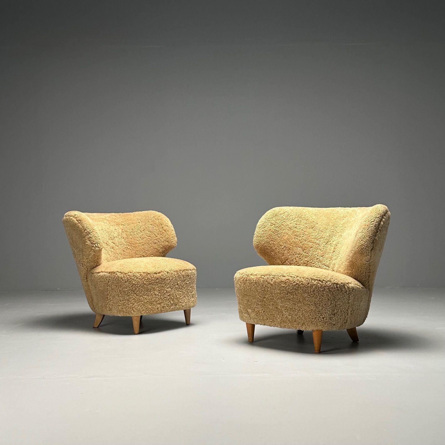 Sven Staaf Attrib., Swedish Mid-Century Modern, Lounge Chairs, Sheepskin, Birch In Good Condition In Manhasset, NY