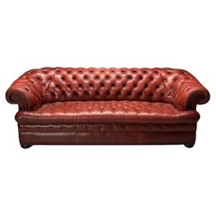 Retro Georgian, Chesterfield Sofa, Tufted, Red Distressed Leather, Bun Feet, 2000s
