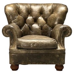 Georgian, Chesterfield, Oversized Lounge Chair, Tufted Green Leather