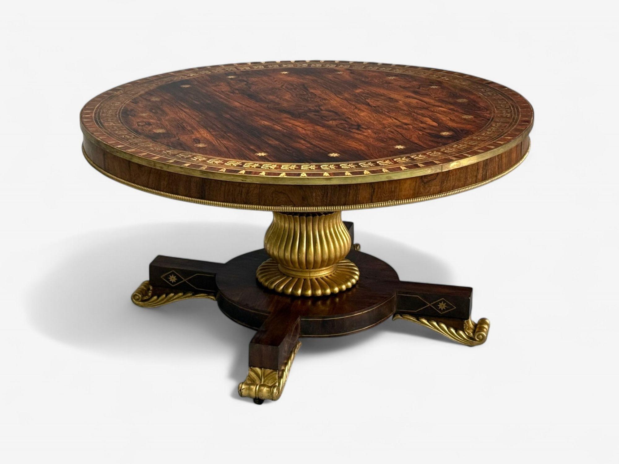 French Russian Neoclassical, Rosewood, Brass Inlay, Monumental Center Table, 19th c. For Sale