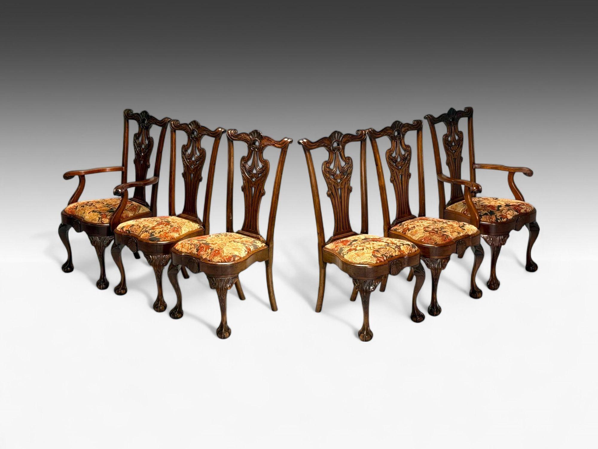 Georgiano, mogano, tessuto, sei sedie da pranzo Chippendale, Inghilterra, anni '60

Set di sei sedie da pranzo Fabrice in mogano e tessuto, progettate e prodotte in Inghilterra negli anni '60 circa. Ogni esemplare presenta i classici intagli dello