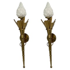 Neoclassical, Monumental Torchiere Wall Sconces, Brass, Glass, 20th c.