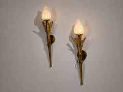 Neoclassical, Monumental Torchiere Wall Sconces, Brass, Glass, 20th c.
