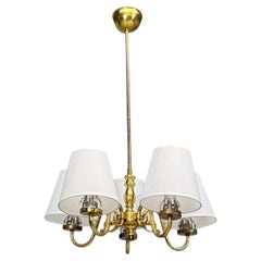 Swedish Modern, Pendant Light, Brass, Fabric, Sweden, 1950s